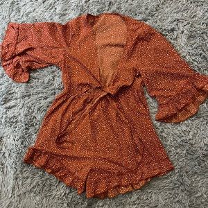 Shein Ruffle Trim Tie Front Dalmatian Romper in Orange